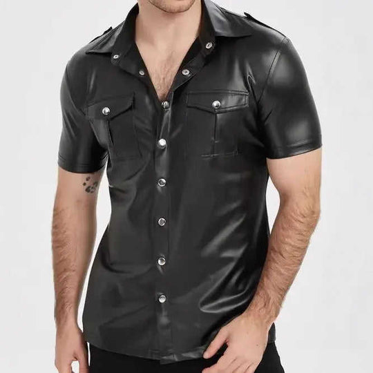 European And American-style Summer Casual Mens Patent Leather Tight-fitting Short-sleeve Top M - front view 0