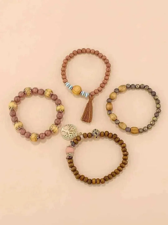 elastic bangle bracelet set | wooden beads jewelry | adjustable tree of life bracelet | ultrasonic cleaning