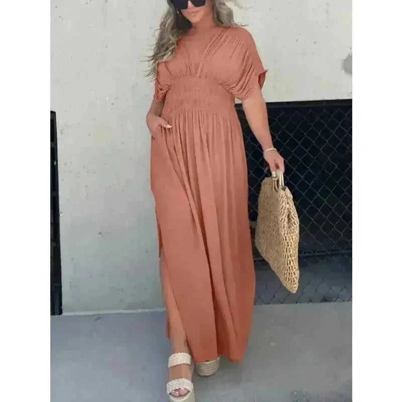 batwing sleeve dress | v-neck summer dress | elastic waist long dress | energy saving