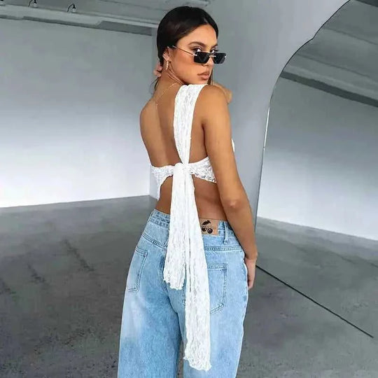 Ins Lace Backless Top Summer Solid Color Waistless Asymmetrical Sloped Neck Vest Streetwear Womens Clothes White - availab...