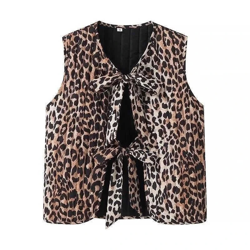 leopard print quilted vest | sleeveless tie front vest | faux fur lining vest | energy saving