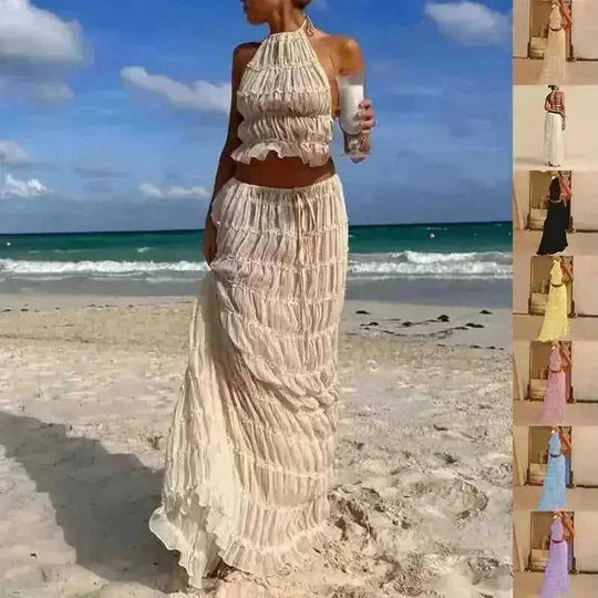 2pcs Women's Dress Suit Sexy Sleeveless Backless Cropped Halter Top And Pleated Long Skirt Beach Clothing - view 18...