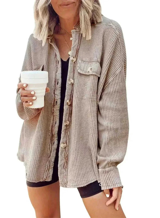 Button Shirt Jacket Women Lapel Long Sleeve Blouse Fashion Jacket Tops - Meifu Market