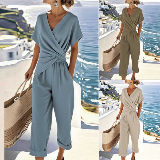 Women's V-Neck Two-Piece Pleated Suit Set - Meifu Market