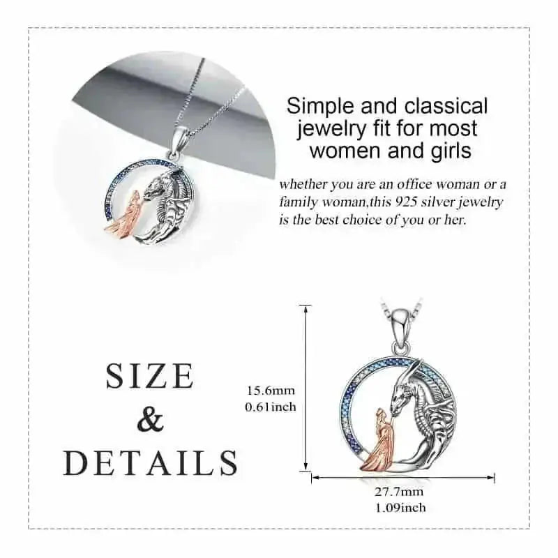 925 Sterling Silver Dragon Necklace - Girl & Dragon Queen Princess Pendant with Zircon Crystals - Meifu Market