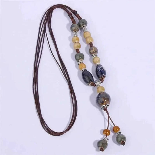 retro ceramic beaded necklace | hollow leaf pendant necklace | layered boho necklace for women | energy saving