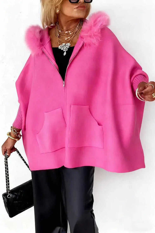 Ins Plush Hooded Cardigan Fashion Warm Pockets Zip-up Knitted Jacket Casual Outerwear Batwing Sleeve Sweater Women's Cloth...