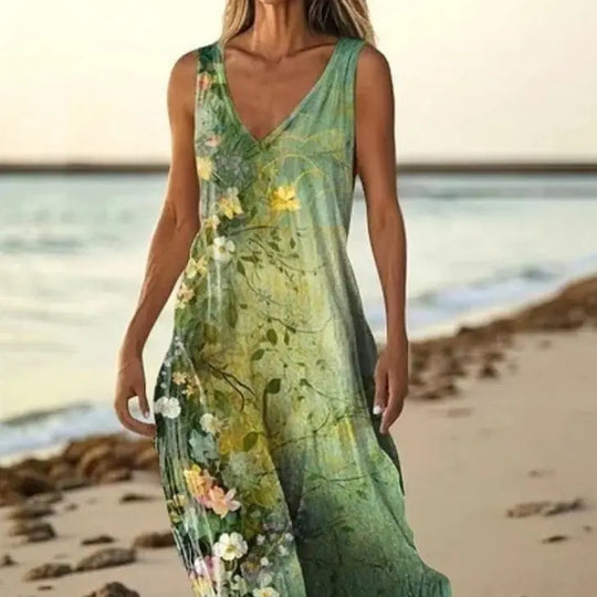 3D Floral Print Off-Shoulder A-Line Maxi Dress - Women's Floor-Length - main view (material: polyester, denim | color:...