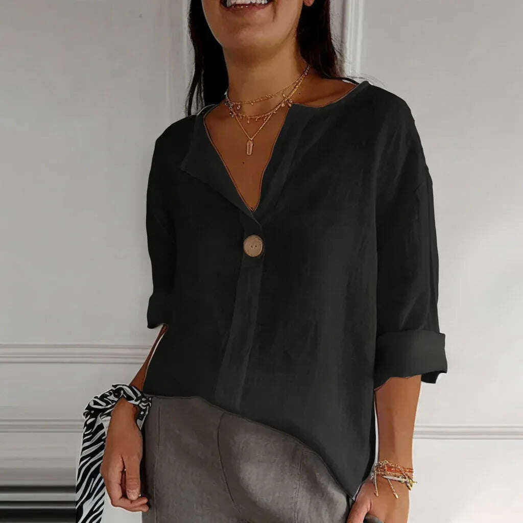 V-neck Long-sleeved T-shirt Fashion Loose Cotton And Linen Button Tops For Women Meifu Market