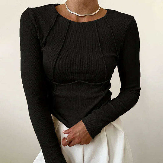 Slim Long Sleeve T-shirt Fashion Solid Color Split Thread Knitted Top Womens Clothing Meifu Market