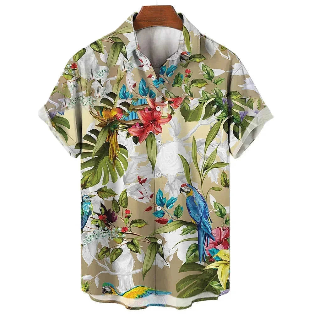 quick-dry polyester fabric | breathable short sleeve shirt | tropical palm tree print | ultrasonic cleaning