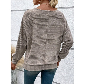 Solid Striped Batwing Sleeves T-shirt Fashion Casual Pullover Round Neck Long Sleeve Top Spring And Autumn Women's Clothing Meifu Market