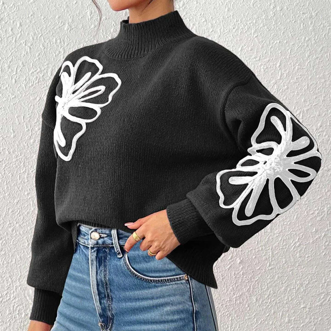 Women's Three-dimensional Ribbon Embroidery Flower Mock Neck Sweater Meifu Market