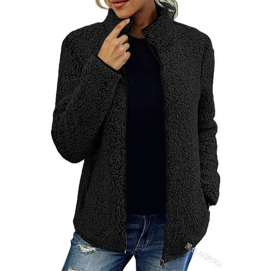 Fall Winter Warm Sweatshirt Stand Collar Solid Color Top Sweater Women's Casual Fashion Long Sleeve Zipper Bubble Velvet Coat Tops Meifu Market