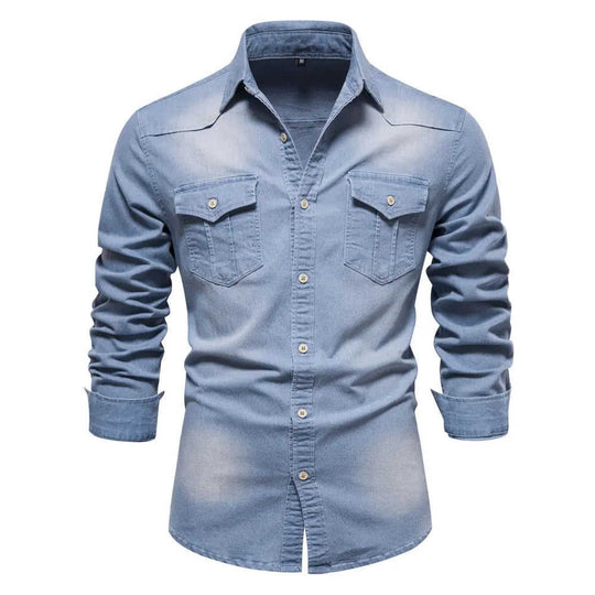Men's Long-sleeved Denim Shirt Casual Solid Button Slim Tops Clothing L - size and dimension reference