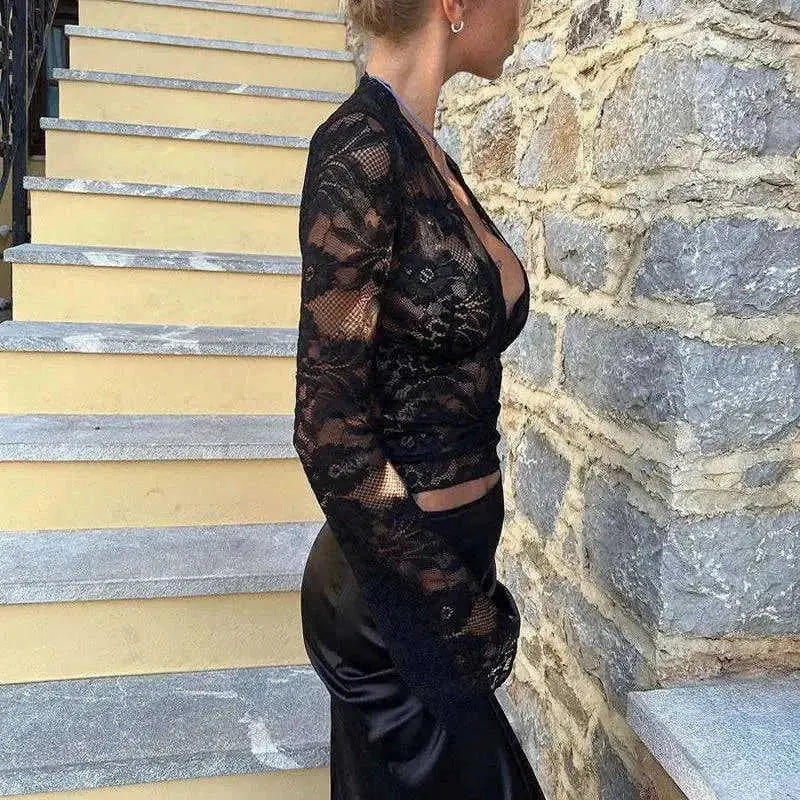 lace long sleeve top | slim fit bottoming shirt | y2k fashion top | energy saving