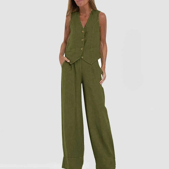 lightweight linen blend fabric | high-waisted wide-leg trousers | breathable sleeveless vest top | ultrasonic cleaning