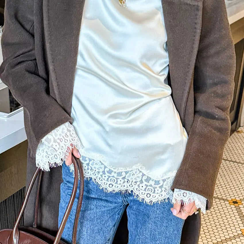 Casual Solid Color Lace Patchwork Top M - texture and material detail