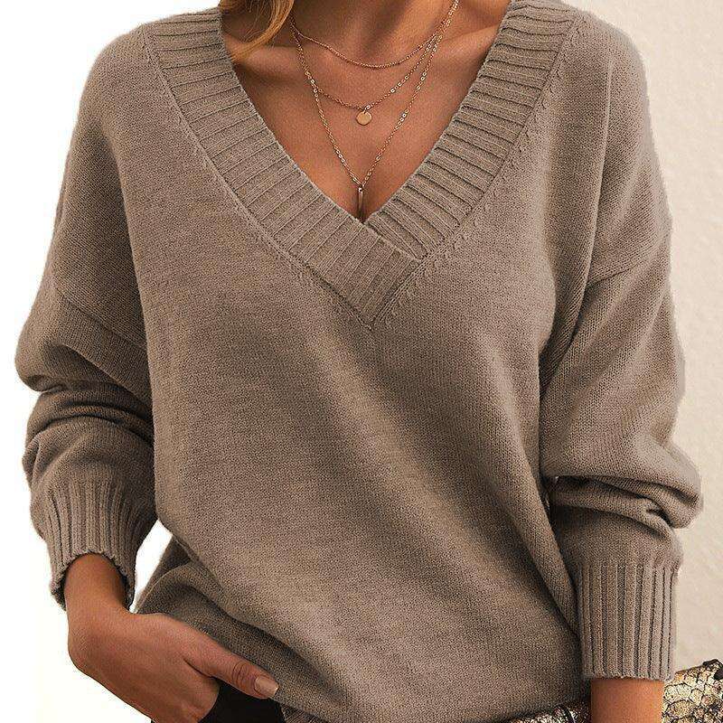 Solid V-neck Sweater Fashion Loose Long-sleeved Knitted Tops Autumn And Winter Women's Clothing Meifu Market
