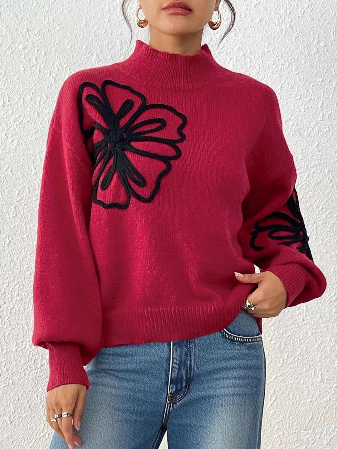 Women's Three-dimensional Ribbon Embroidery Flower Mock Neck Sweater Meifu Market