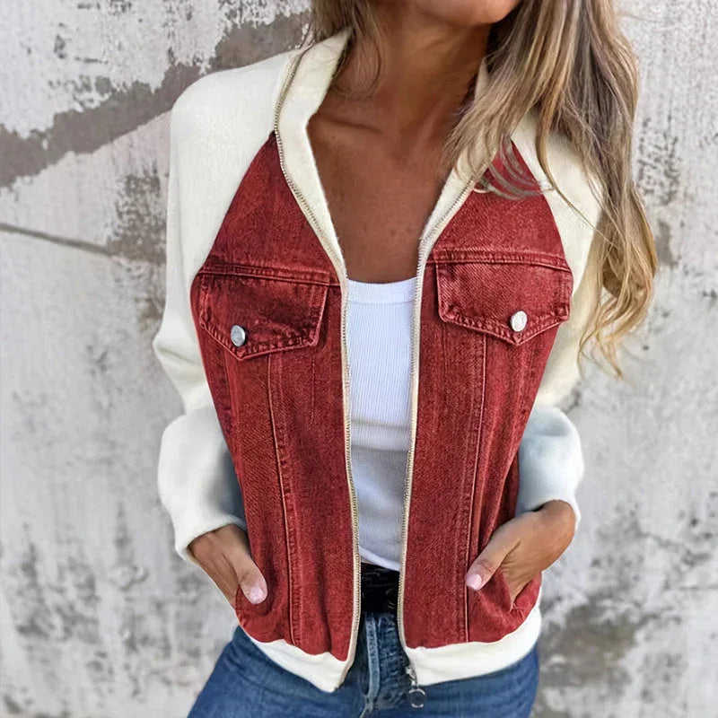 Women's Denim Patchwork Zip-Up Jacket - Stand Collar Casual Coat Fall Winter Meifu Market