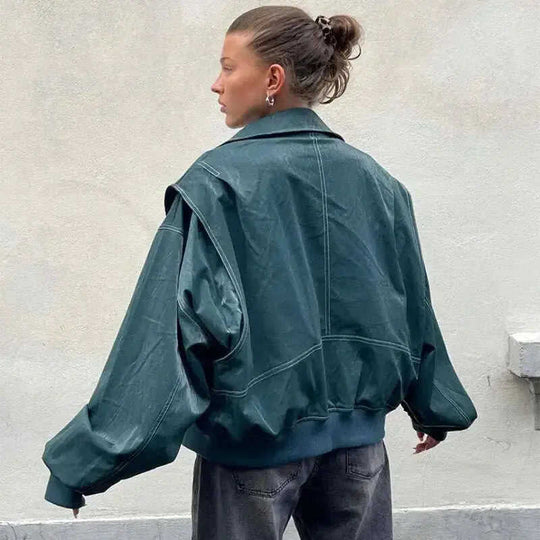 Loose Fashion Lapel Zip-up Jacket Cool Long Sleeve Zipper Closure Moto Biker Leather Jacket Womens Clothing Meifu Market