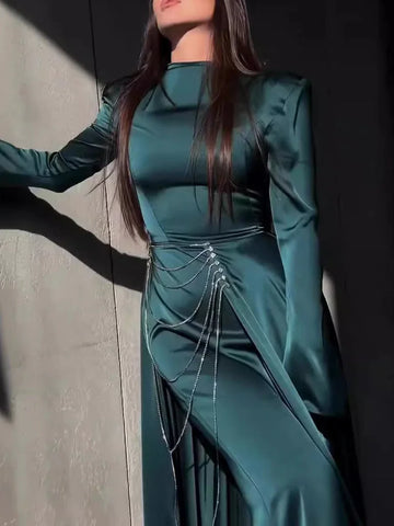 satin fabric maxi dress | studded detail long sleeve | floor length evening gown | energy saving