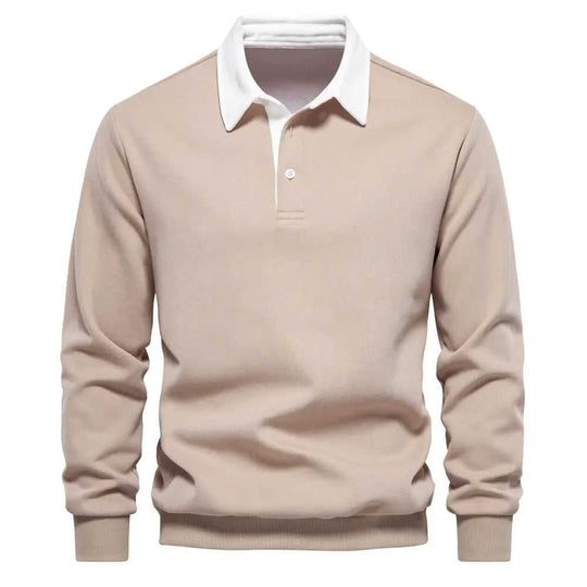 Men's Fashion Casual Versatile Long Sleeves Polo Collar Sweater Navy Blue - reverse side showing construction