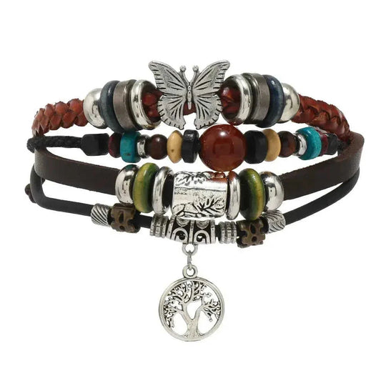 Newbutterfly Retro Leather Bracelet European American Cross-border Hot Ethnic Style Multi-layer Cat's Eye Peace Stainless Steel Meifu Market