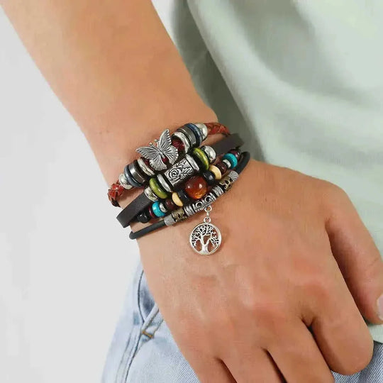 Newbutterfly Retro Leather Bracelet European American Cross-border Hot Ethnic Style Multi-layer Cat's Eye Peace Stainless Steel Meifu Market