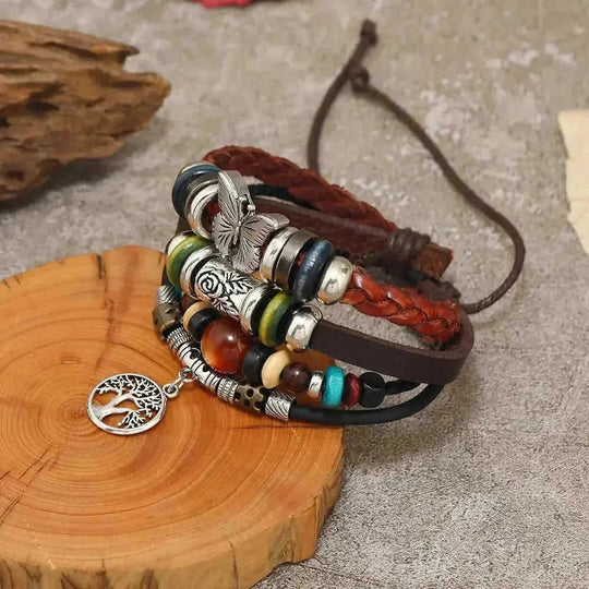 Newbutterfly Retro Leather Bracelet European American Cross-border Hot Ethnic Style Multi-layer Cat's Eye Peace Stainless Steel Meifu Market