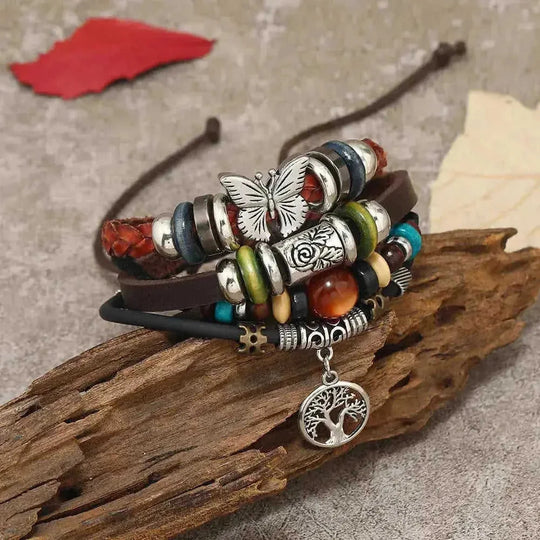 Newbutterfly Retro Leather Bracelet European American Cross-border Hot Ethnic Style Multi-layer Cat's Eye Peace Stainless Steel Meifu Market