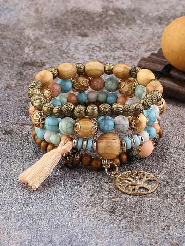 Boho Tree Of Life Bracelet Set For Women Fashion Tassels Charm Wooden Beads Elastic Chain Bangle Girl Trendy Party Jewelry Meifu Market