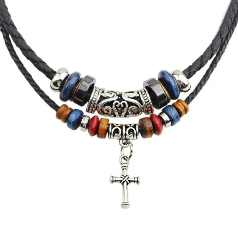 Vintage Tribal Boho Leather Necklace - Double Layer Braided Beaded Cross Pendant with Dog Tooth Charm Meifu Market