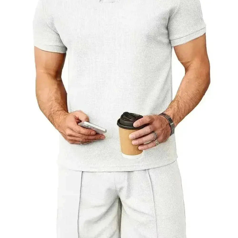 2pcs Set Men V Neck Polo Shirt Lapel Short Sleeve Men's Suit Waffle Style Casual Fashion T-Shirt Summer - lifestyle...