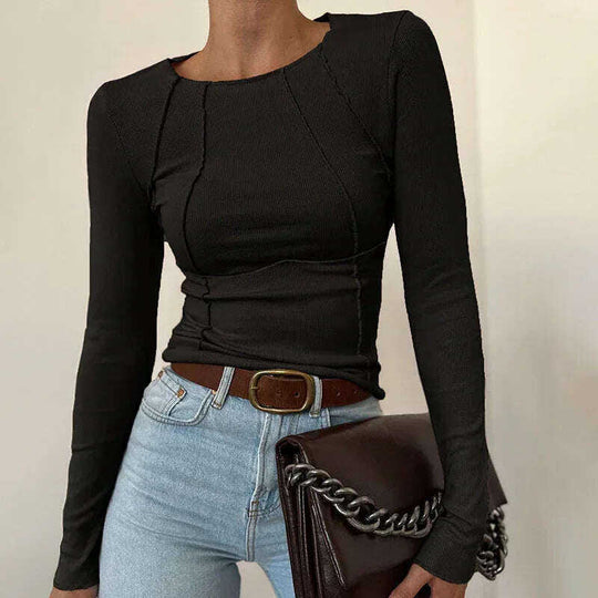 Slim Long Sleeve T-shirt Fashion Solid Color Split Thread Knitted Top Womens Clothing Meifu Market