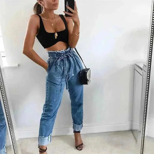high-waisted denim jeans for women | plus size pencil pants | washed stretchy jeans | energy saving