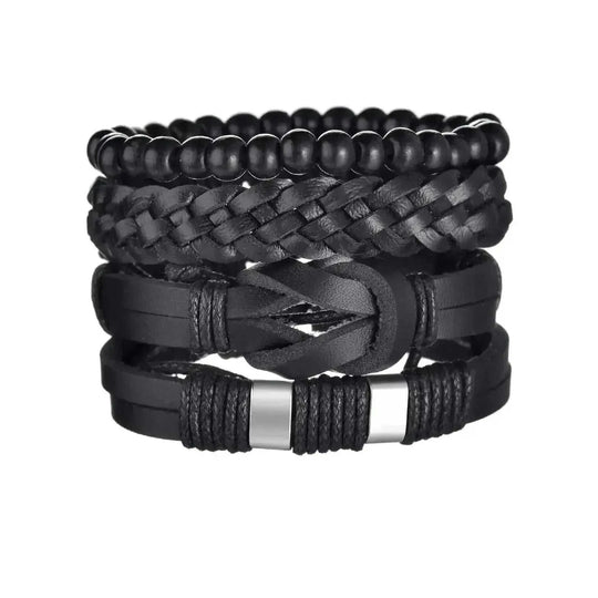 braided leather bracelet for men | vintage charm wood beads | adjustable wrap wristband | ultrasonic cleaning
