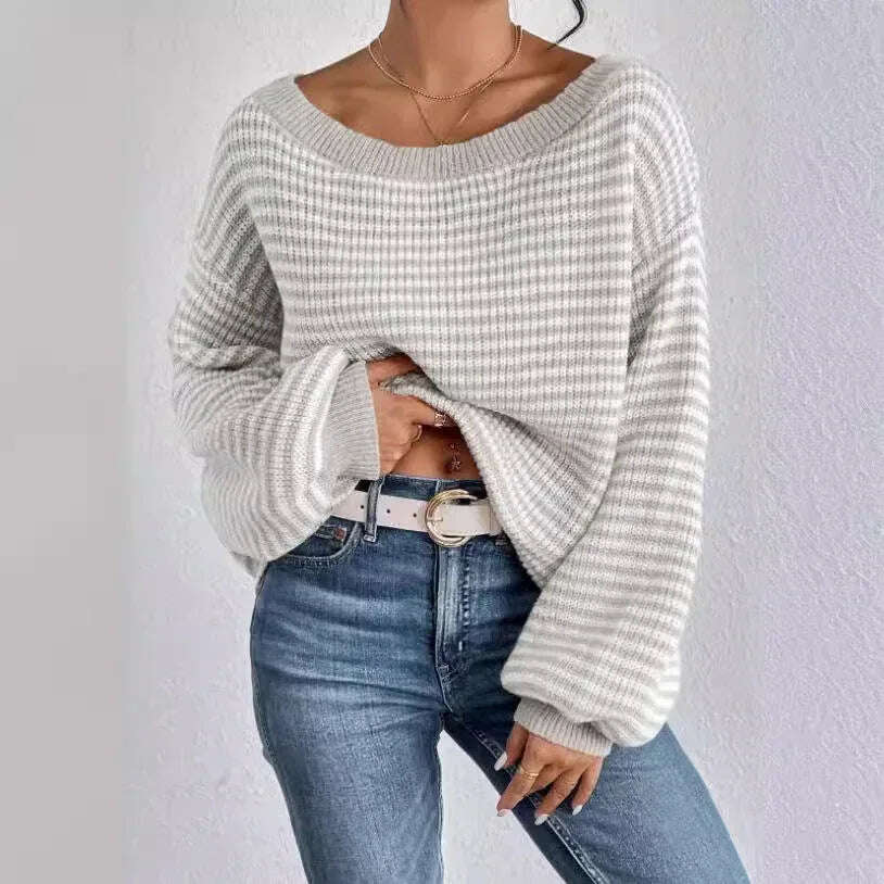 Women's Off-neck Shoulder-baring Sweater Contrast Color Meifu Market