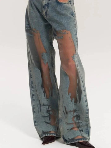 vintage straight-leg jeans | hollow textured denim | high-waisted jeans for women | ultrasonic cleaning