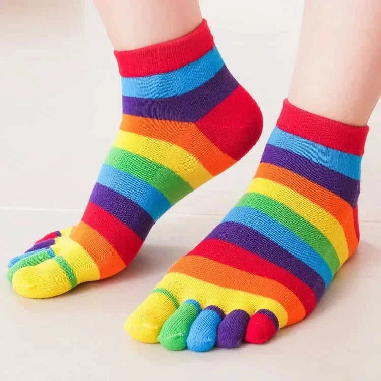 five-toe socks for women | breathable cotton blend material | rainbow striped ankle socks | ultrasonic cleaning
