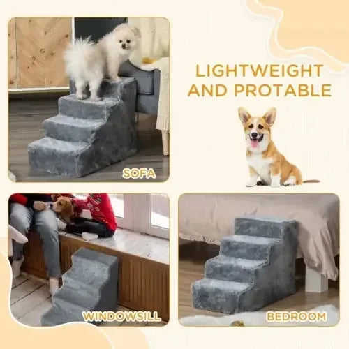 PawHut Four-Step Dog Stairs, With Washable Plush Cover, For High Bed Sofa, Dog Stairs For Small Dog And Cat - Light Grey Meifu Market