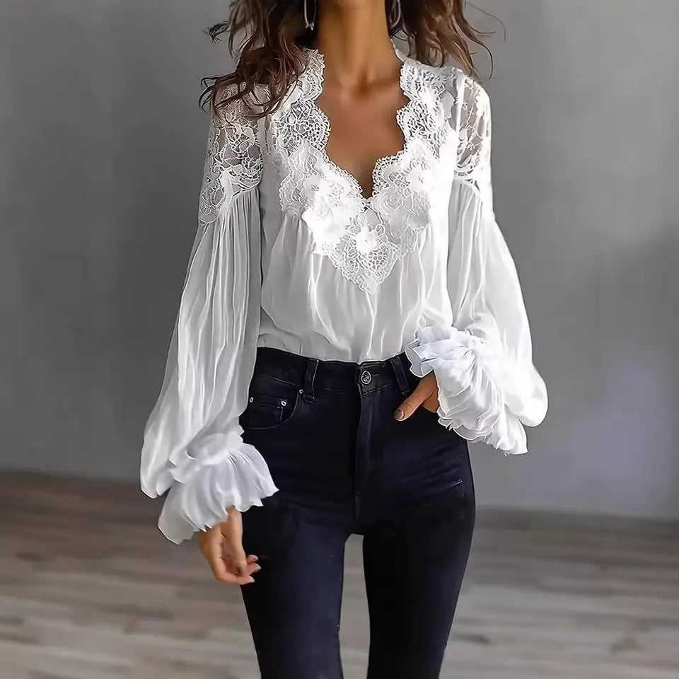 Women's Lace-Panel Puff-Sleeve Pleated Shirt - Meifu Market