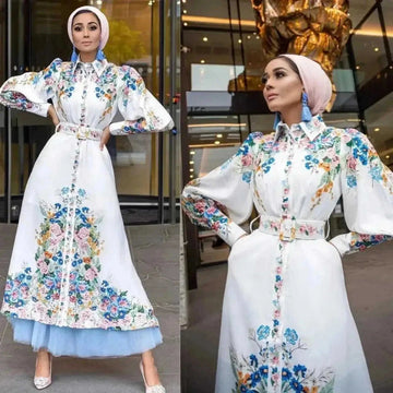 floral print maxi dress | puff sleeve lapel collar | button front long dress | energy saving