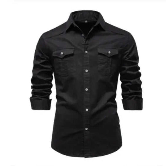 Men's Long-sleeved Denim Shirt Casual Solid Button Slim Tops Clothing L - available style options