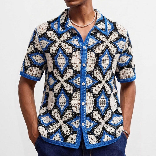 Geometric Hollow-Out Knit Polo — Men's Open Knit Resort Shirt