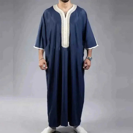 mid-sleeve arabic robe | embroidered navy blue thobe | cotton blend mens robe | ultrasonic cleaning