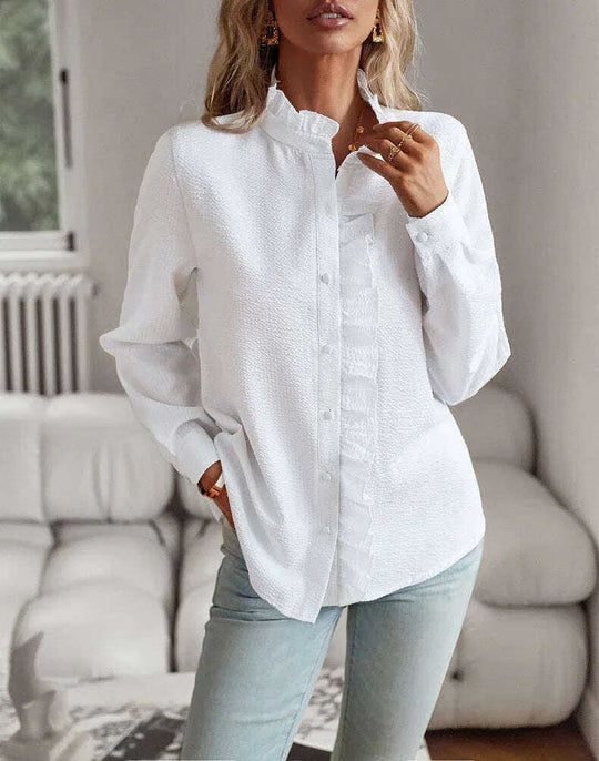 Striped Long Sleeve Shirt Fashion Ruffle Design Button Up Tops Casual Office Blouse Elegant Commuting Women's Clothing Meifu Market