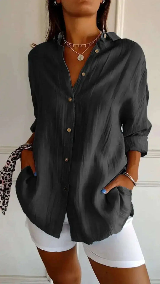 Lapel Long Sleeve Shirt Women's Single-breasted Pleated Shirt Meifu Market