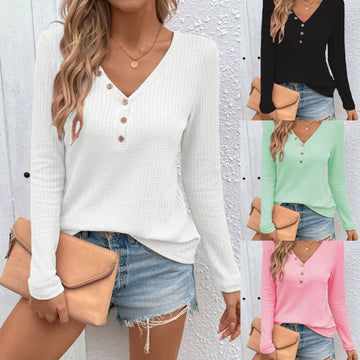 Waffle V-neck Buttons Long Sleeve T-shirt Meifu Market
